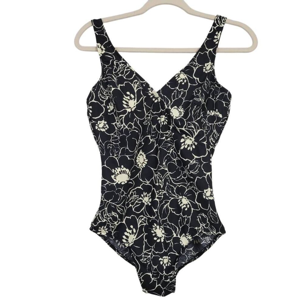 Miraclesuit Black Floral One Piece Swimsuit Sz 10 Padded Wirefree Slimming V-Nec